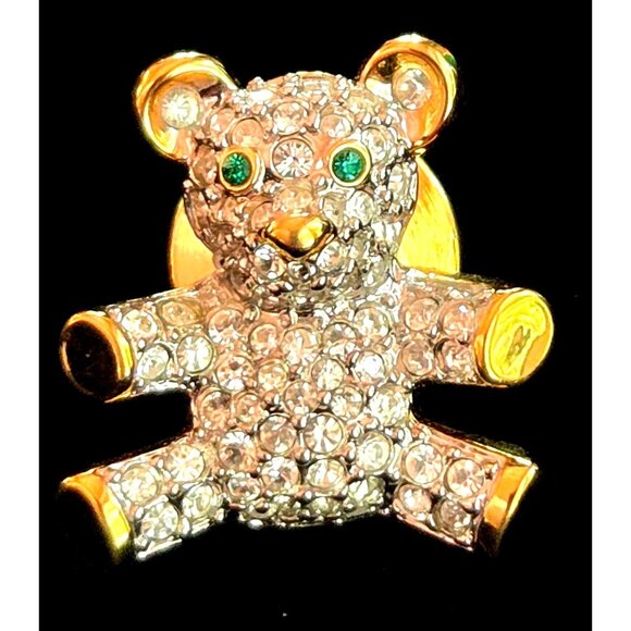Swarovski Gold-Tone Crystal Teddy Bear Lapel Pin With Green Gem Eyes - Picture 1 of 7